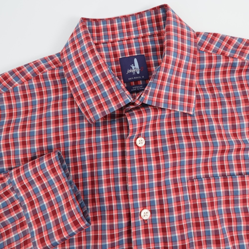 Johnnie O Mens Button Down Shirt Medium Red Blue Plaid Check Casual